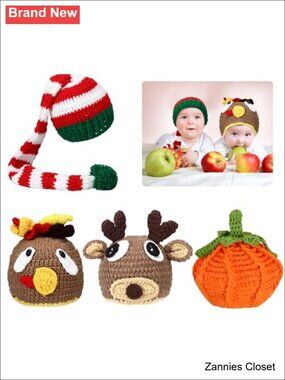 🎄 4 Pc Crochet Baby Beanie Hats Pumpkin Turkey Reindeer Knit Caps 3-6M